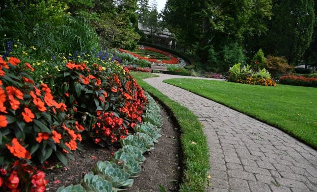 professionally landscaped commercial garden with colorful flower beds walking path and lush greenery on Long Island NY