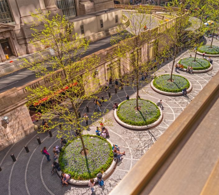 aerial view of branded commercial landscaping with circular planters and trees along an NYC pedestrian plaza