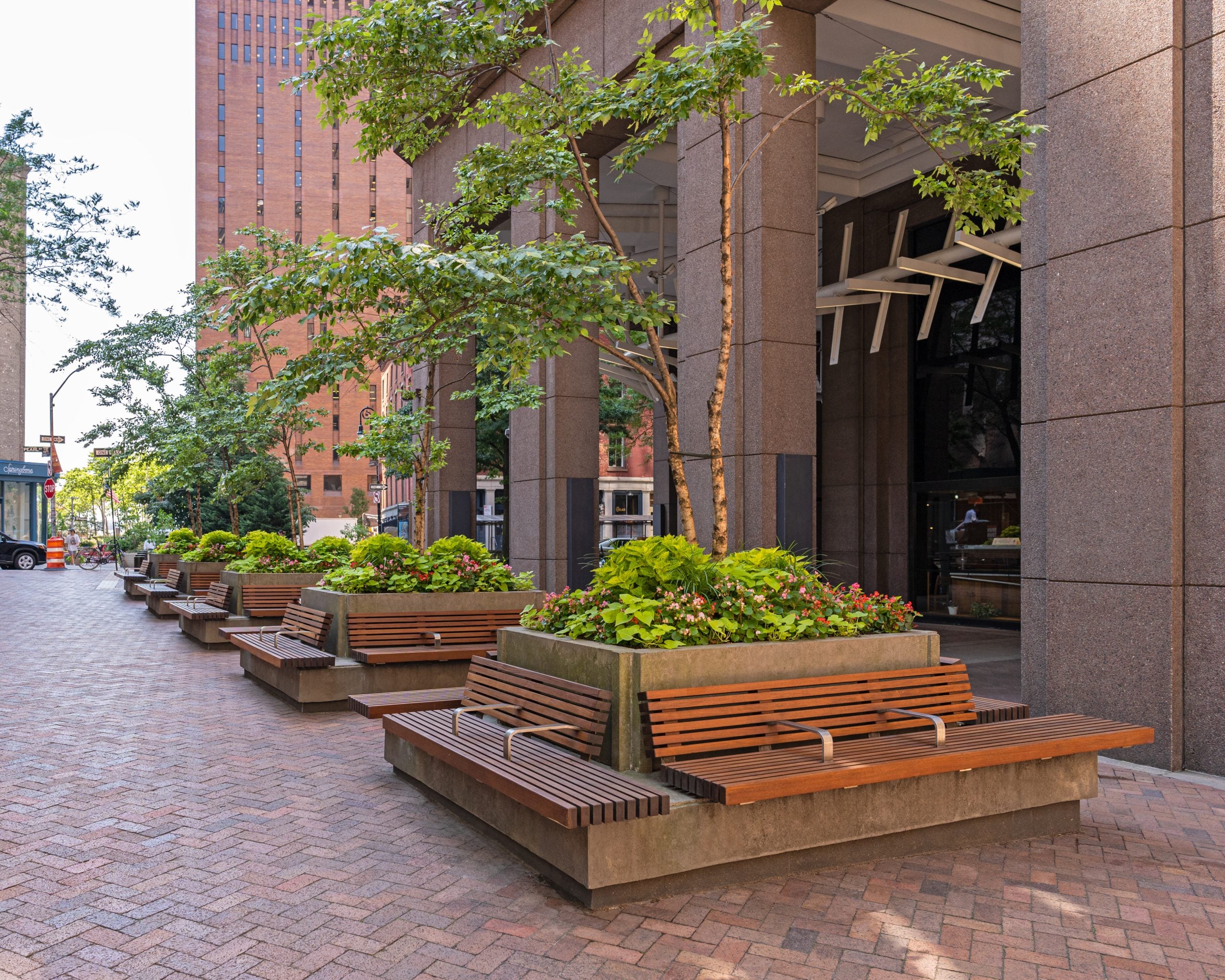 Concrete raised planters with multi-stem trees, pink begonias, and chartreuse foliage lining a brick-paved commercial plaza entrance, with integrated wood-slat benches